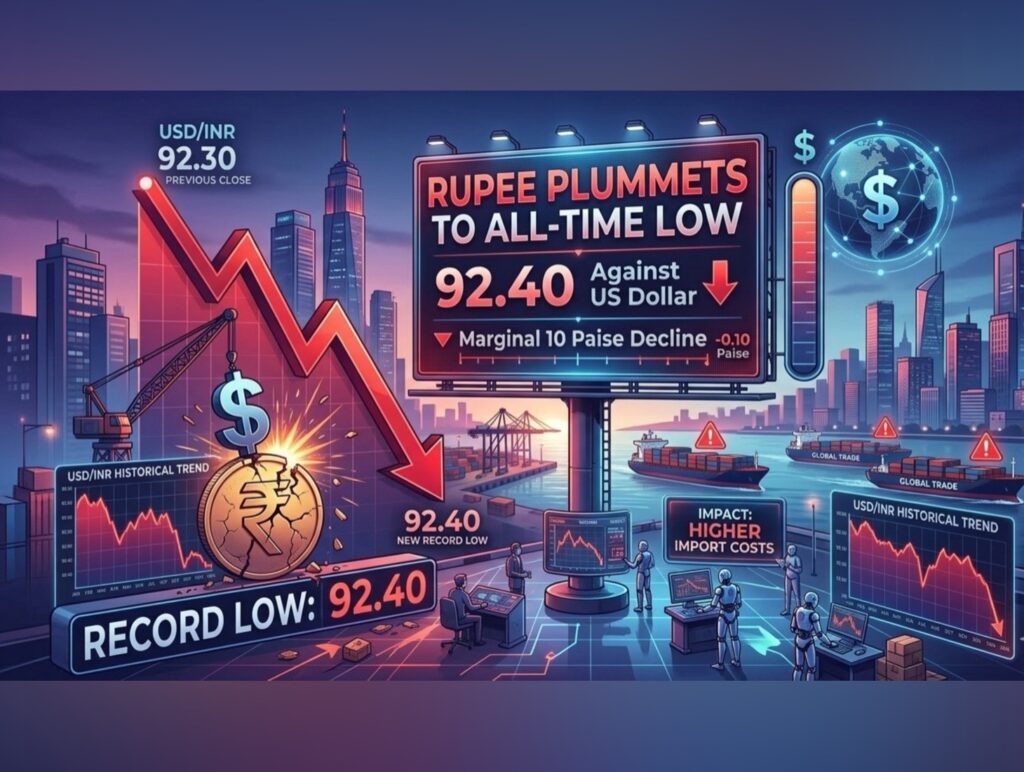 Rupee falls 10 paise to record 92.40 vs US dollar