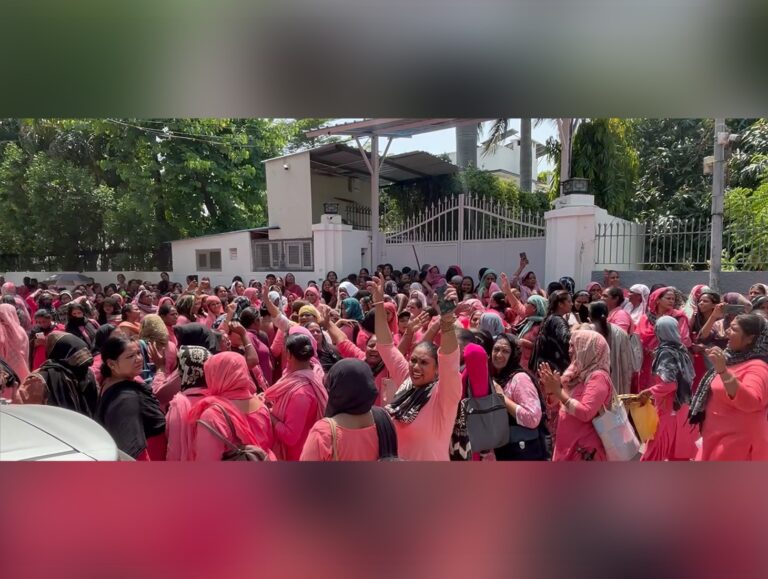 ASHA workers protest outside Punjab Health Minister Balbir Singh’s residence in Patiala