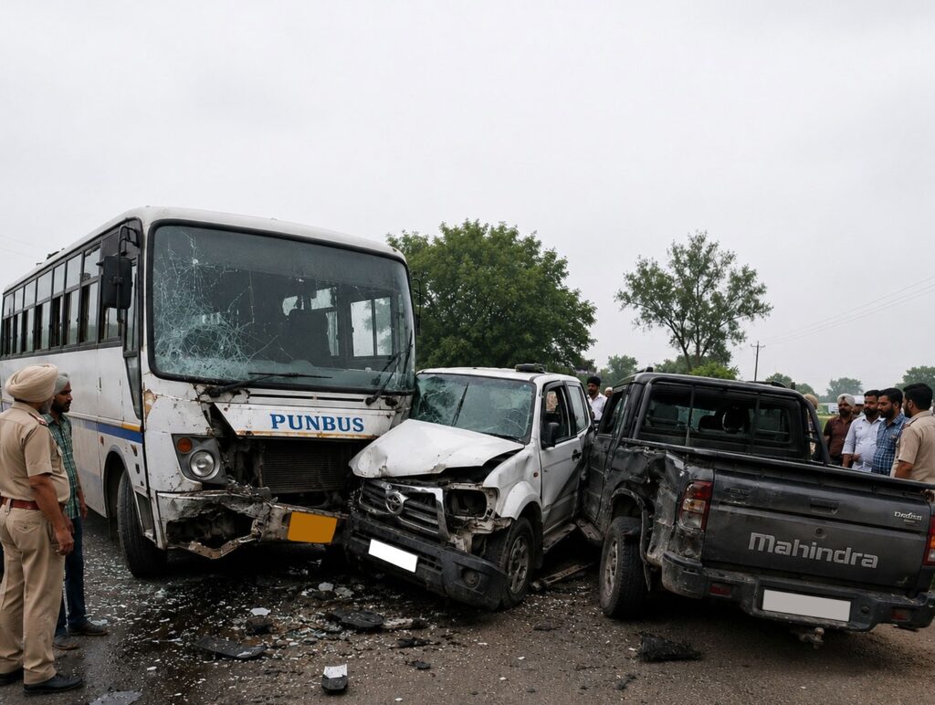 Six Sustain Injuries After Bus Collides with Pick-up Vehicles in Hoshiarpur