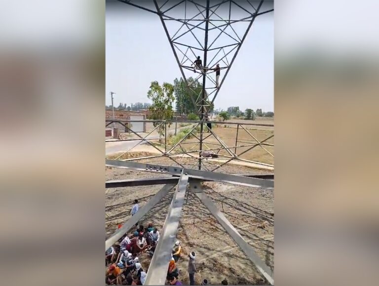 Unemployed apprentice linemen climb tower during Patiala protest